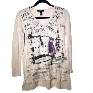 Style & Co Beige Paris Long Sleeve Graphic Tunic Sweater Small